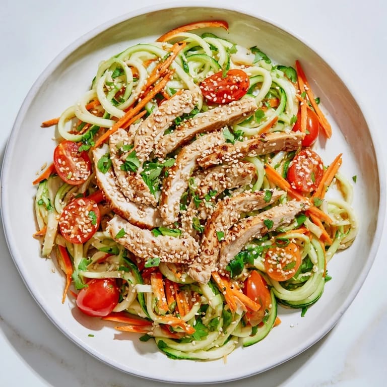 Spiralized cucumbers, juicy tomatoes, and chicken highlight this protein cucumber salad with sesame seeds.