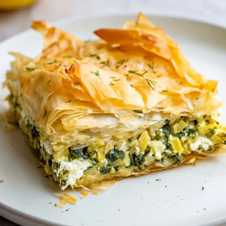 Crispy layers of phyllo dough encase the savory spinach and feta filling of the Spanakopita.