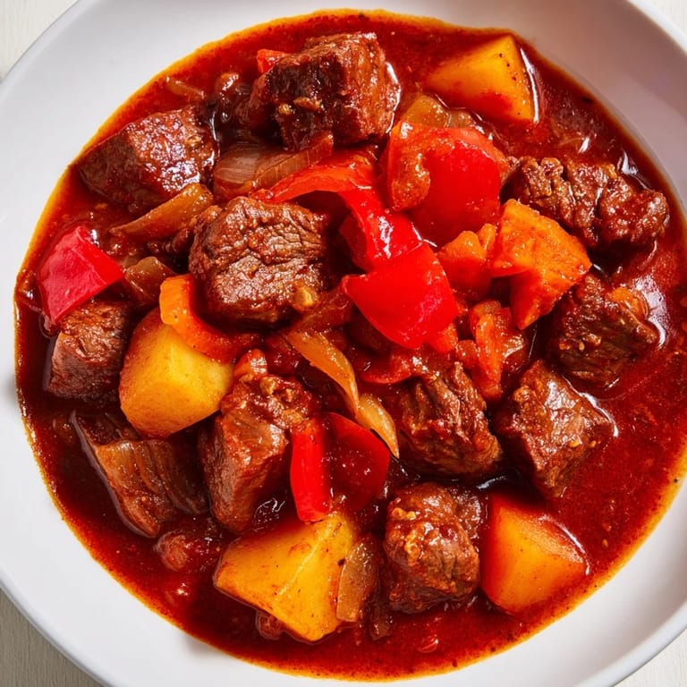 A close-up of hearty Hungarian Goulash Stew: flavorful beef, onions, and paprika simmered in a rich broth.