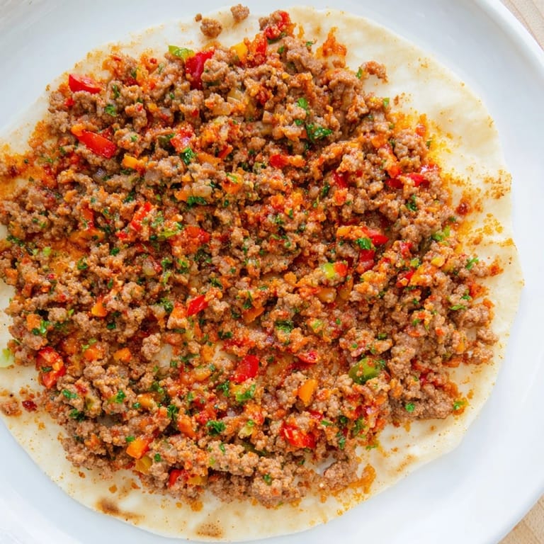 A close-up of freshly baked Turkish Lahmacun showcases flavorful ground meat and vibrant veggie toppings.