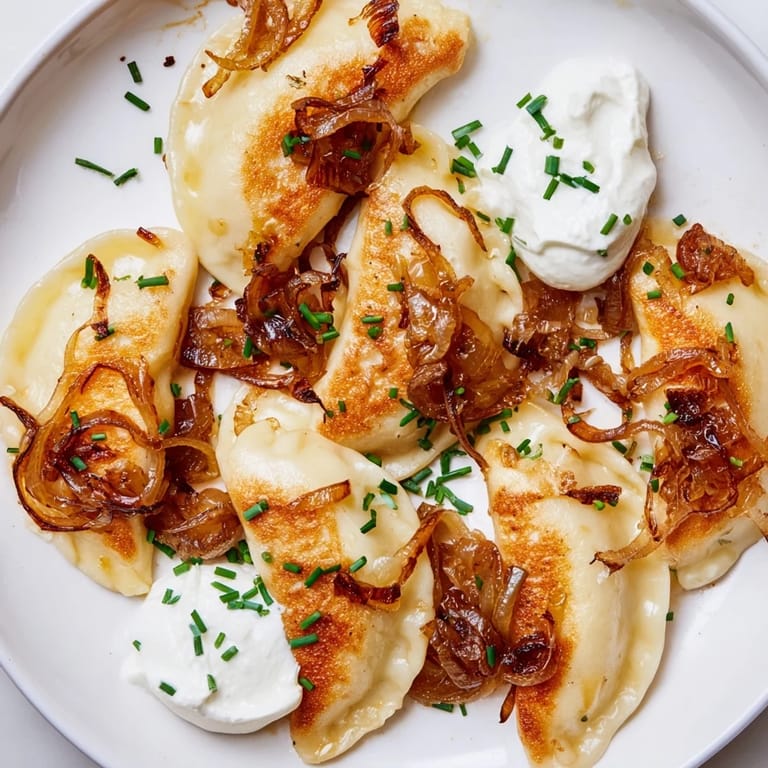 Warm, buttery Polish pierogi, crispy on the outside, are piled high with caramelized onions.