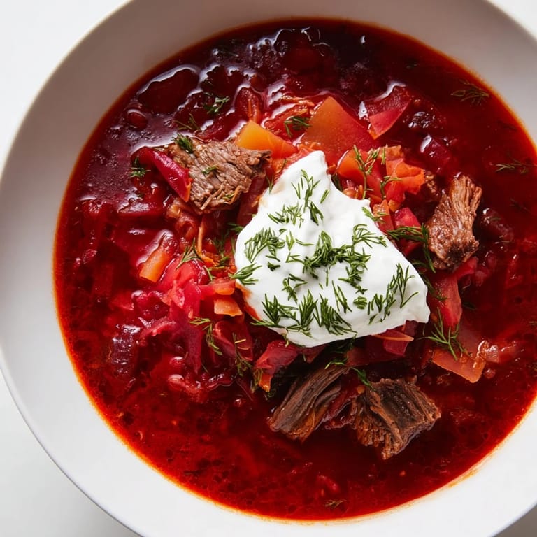 A close-up of vibrant Ukrainian borscht soup, garnished with sour cream and fresh herbs, ready to enjoy.