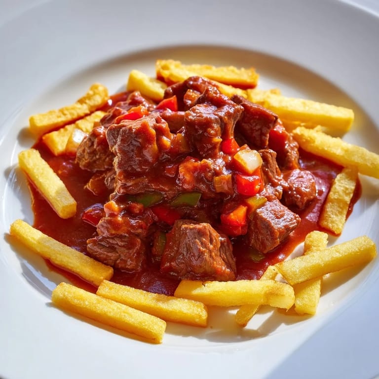A steaming bowl of Czech Goulash with savory beef, flavorful sauce, and golden, crunchy potato strips.