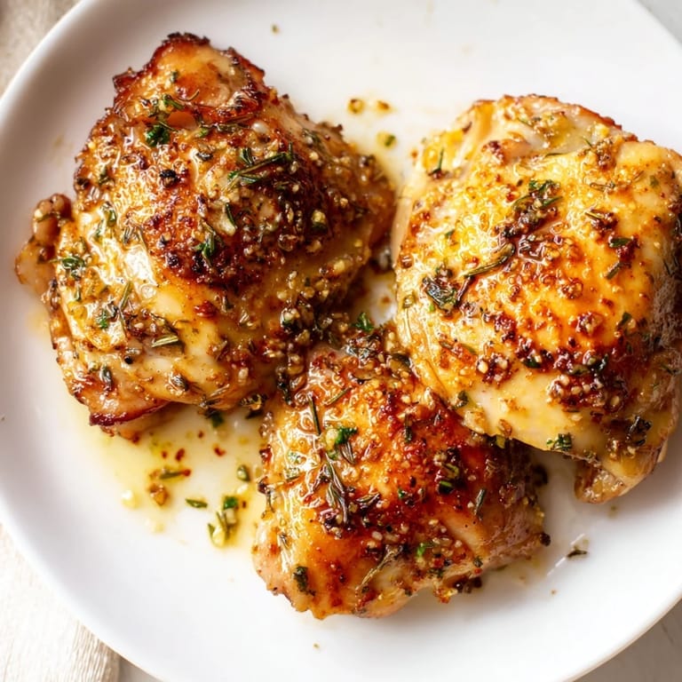 Crispy-skinned Garlic Butter Chicken Thighs, served alongside lemon wedges, showcasing a delectable, easy main dish.