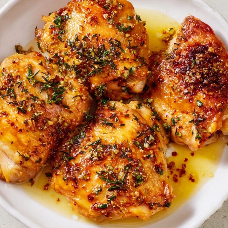 A close-up of juicy Garlic Butter Chicken Thighs glistening with flavorful butter, ready for a comforting dinner.