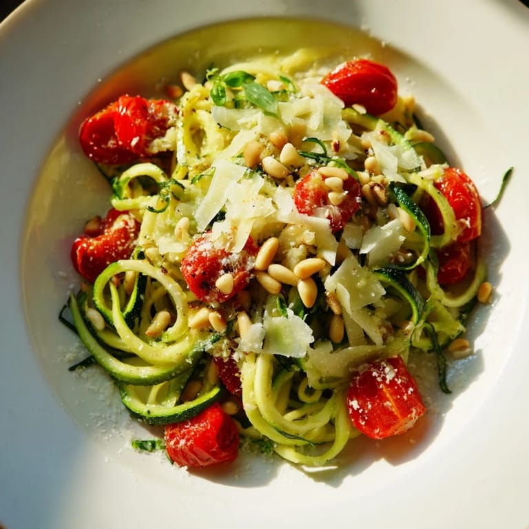 A close-up of vibrant zucchini noodle variations, drizzled with creamy avocado pesto and nuts.