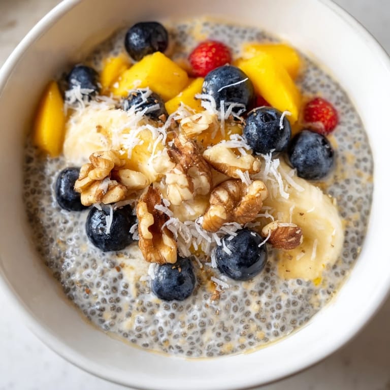 Thick and delicious chia seed pudding, sweetened with maple syrup, vegan-friendly, served cold.