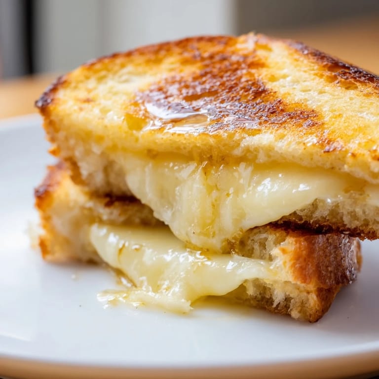 A close-up of a Truffle Grilled Cheese highlights the golden, crispy crust and melted Gruyère with a subtle hint of truffle oil.