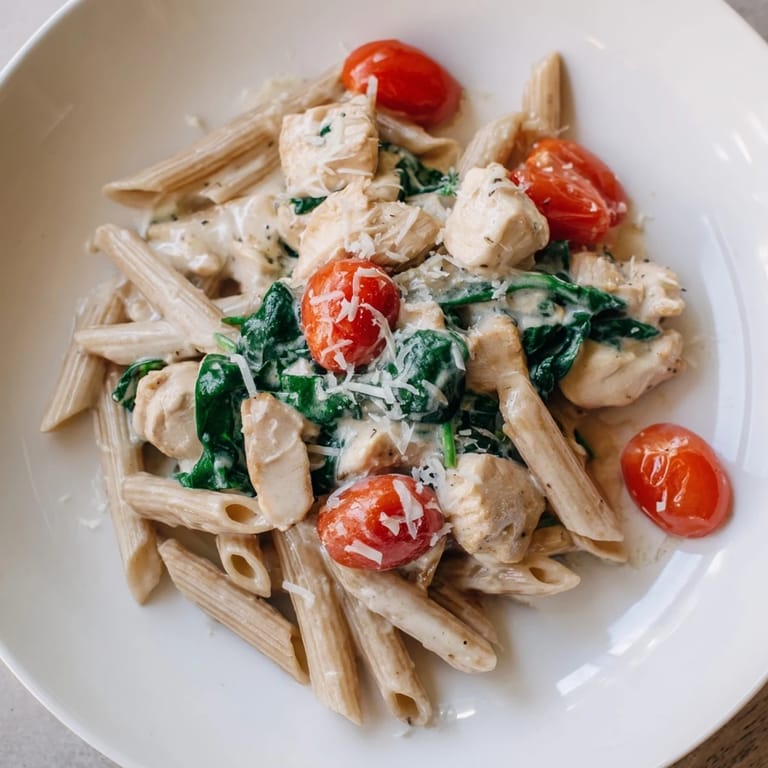 A serving of high-protein Greek Yogurt Chicken Pasta twirled on a fork, showing tender chicken pieces, creamy sauce, and vibrant spinach in a dinner setting.
