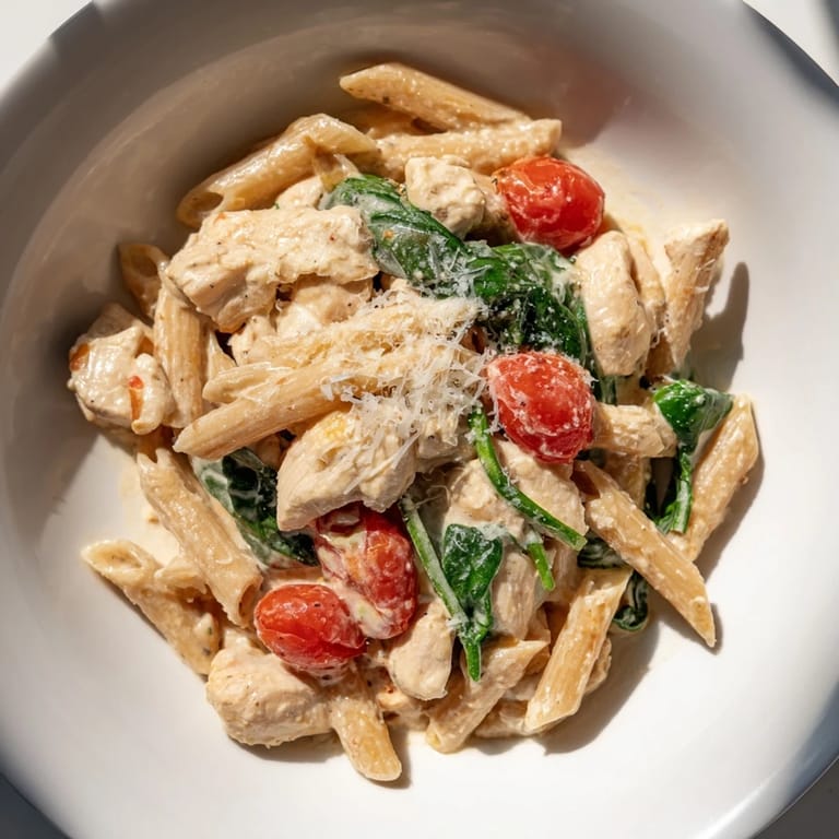 Close-up of Greek Yogurt Chicken Pasta in a white bowl, featuring golden chicken, wilted spinach, and halved cherry tomatoes, perfect for a healthy weeknight meal.