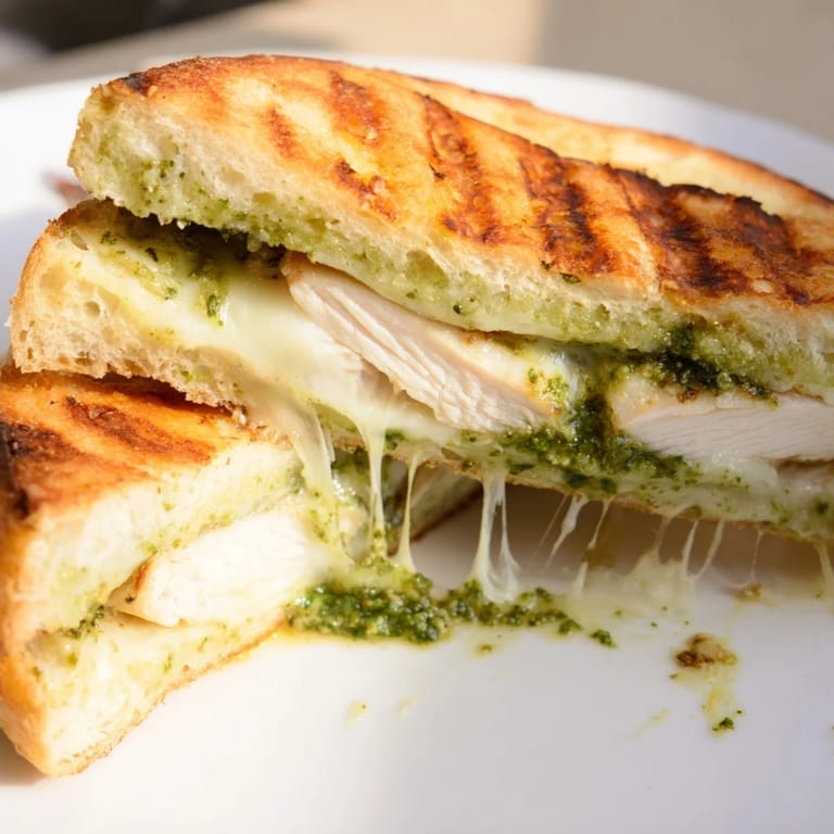 Golden ciabatta bread is pressed until crisp, revealing layers of tender chicken, melted mozzarella, and aromatic basil pesto in this irresistible Chicken Pesto Panini.