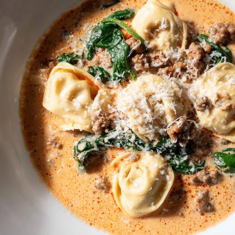 A spoon dips into rich Tuscan Tortellini Soup garnished with Parmesan and fresh basil on top.