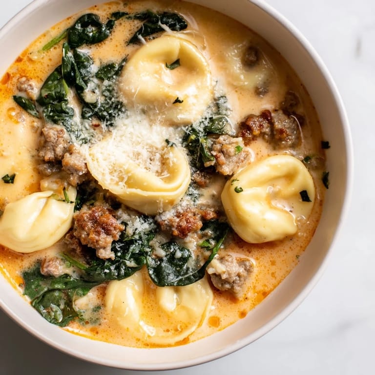 Steaming Tuscan Tortellini Soup features cheesy tortellini and wilted spinach in a creamy tomato-based broth.