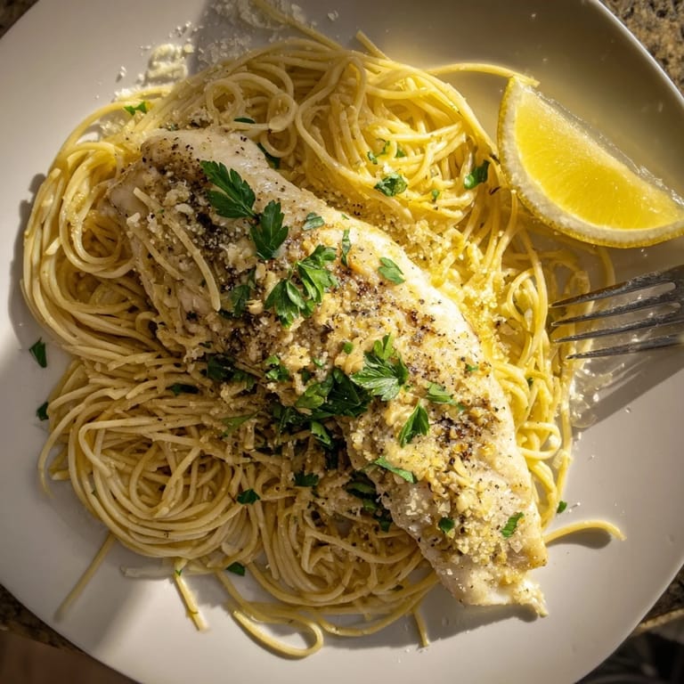 Vibrant Lemon Bass Pasta dish plated with herbs and parmesan, ready for a pescatarian main course dinner serving.