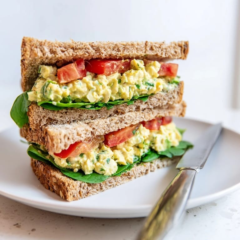Ripe avocado egg salad sandwich layered with leafy greens and juicy tomato, ready for a healthy, satisfying lunch.