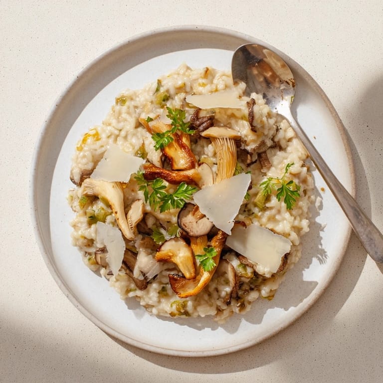Homemade vegetarian roasted mushroom risotto, served warm with extra Parmesan and thyme on a wooden table.