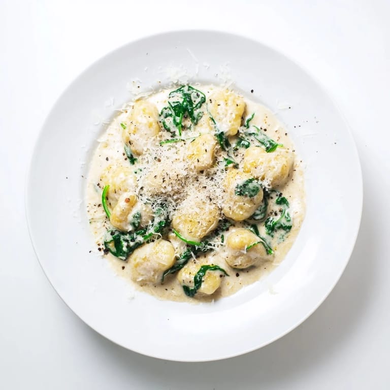 A close-up of Creamy Garlic Gnocchi, highlighting the rich sauce clinging to tender dumplings and wilted greens.  