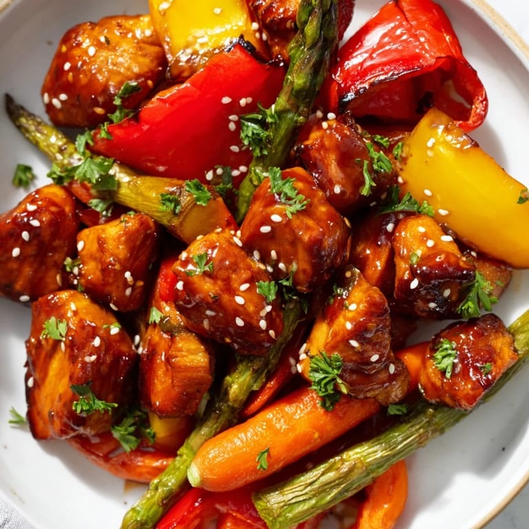 A rustic sheet pan meal featuring tender chicken and crisp asparagus, garnished with fresh parsley and toasted sesame seeds.