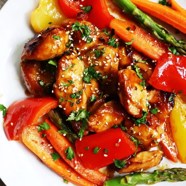 A close-up view of roasted chicken and colorful peppers, snap peas, and carrots coated in a savory honey garlic glaze.