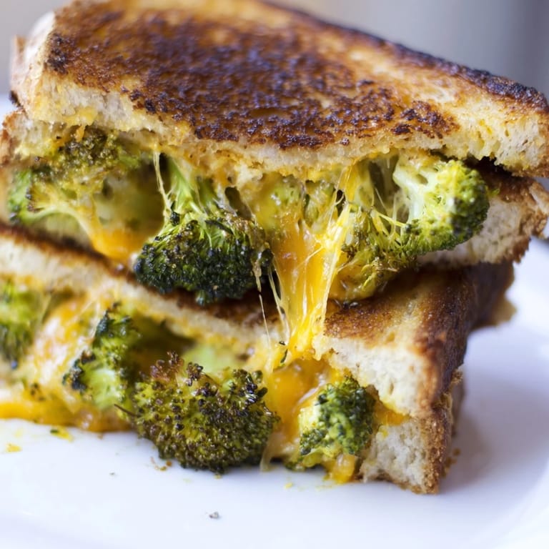 Crispy grilled cheese sandwich with roasted broccoli and melted cheddar, perfect for pairing with a warm bowl of tomato soup.