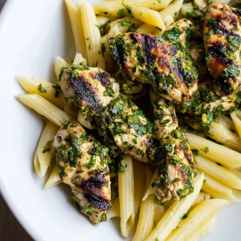 Fresh Chimichurri Chicken Pasta in a skillet, highlighting al dente noodles and a zesty, garlic-forward sauce.