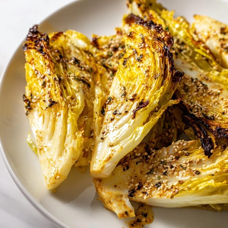Tender roasted cabbage wedges served warm with a drizzle of tahini sauce, fresh parsley, and a pinch of smoked paprika.