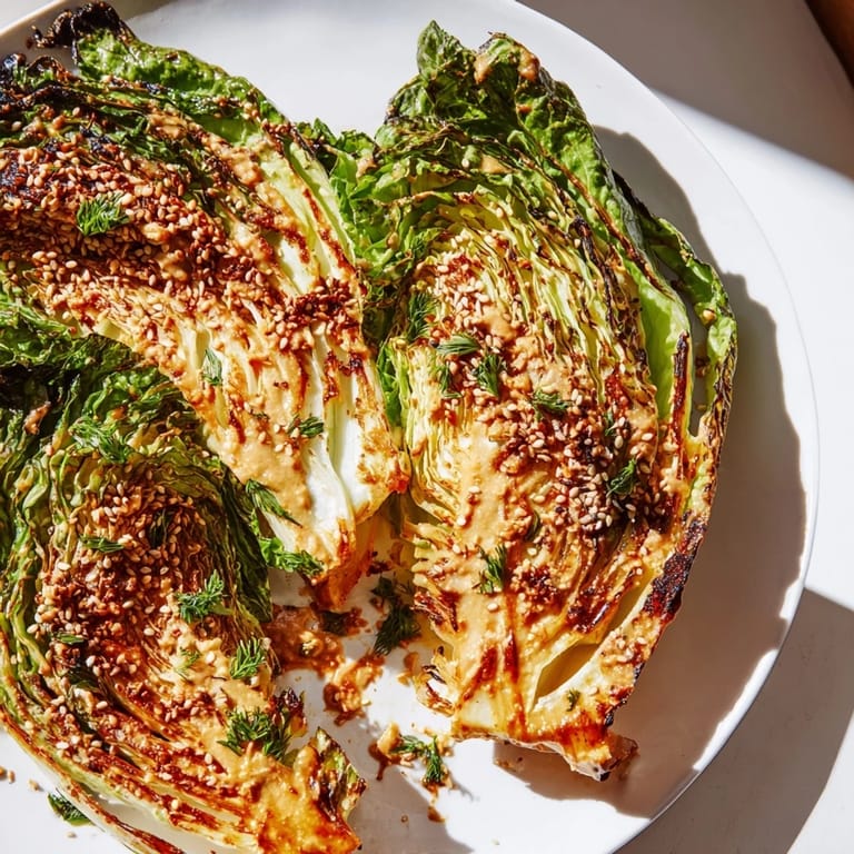 Freshly roasted cabbage wedges with crispy edges on a white plate, garnished with tahini sauce, herbs, and sesame seeds.