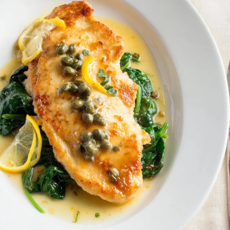 Tender Spinach Lemon Butter Chicken served over garlicky sautéed spinach, garnished with fresh parsley and lemon slices for a fresh main dish.