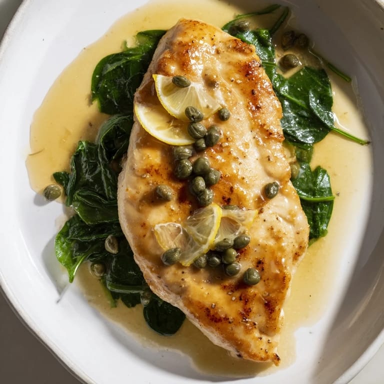 Gluten-free Spinach Lemon Butter Chicken on a bed of vibrant spinach, finished with a glossy lemon-butter pan sauce and capers.