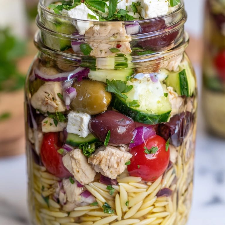 Stunning Greek Pasta Chicken Salad Jars filled with colorful veggies, fresh parsley, and a zesty red wine vinegar dressing.