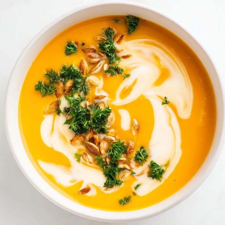 Homemade butternut squash soup with a creamy texture and vibrant garnish, served as a nutritious vegetarian dinner.