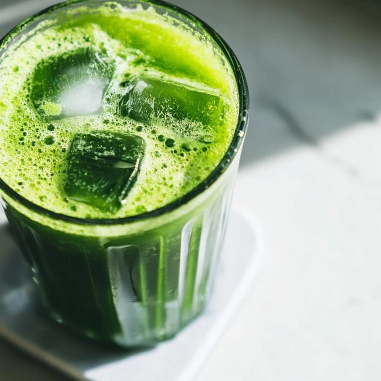 Bright green Cabbage and Kale Detox Juice in a mason jar, garnished with fresh ginger and celery for a refreshing sip.  