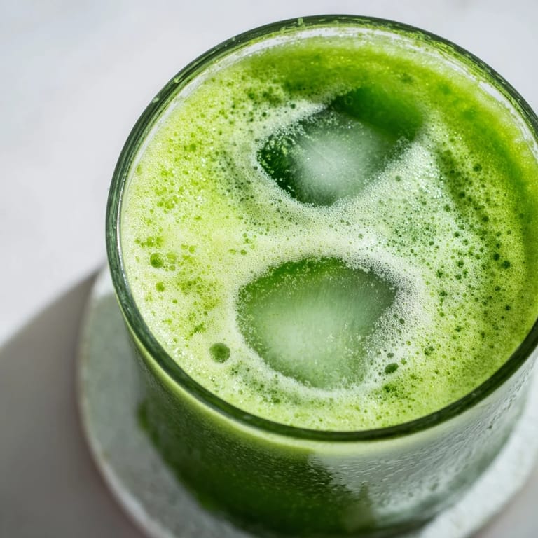 Clear glass of nutrient-rich Cabbage and Kale Detox Juice, featuring a hint of crushed ice and a twist of lemon.