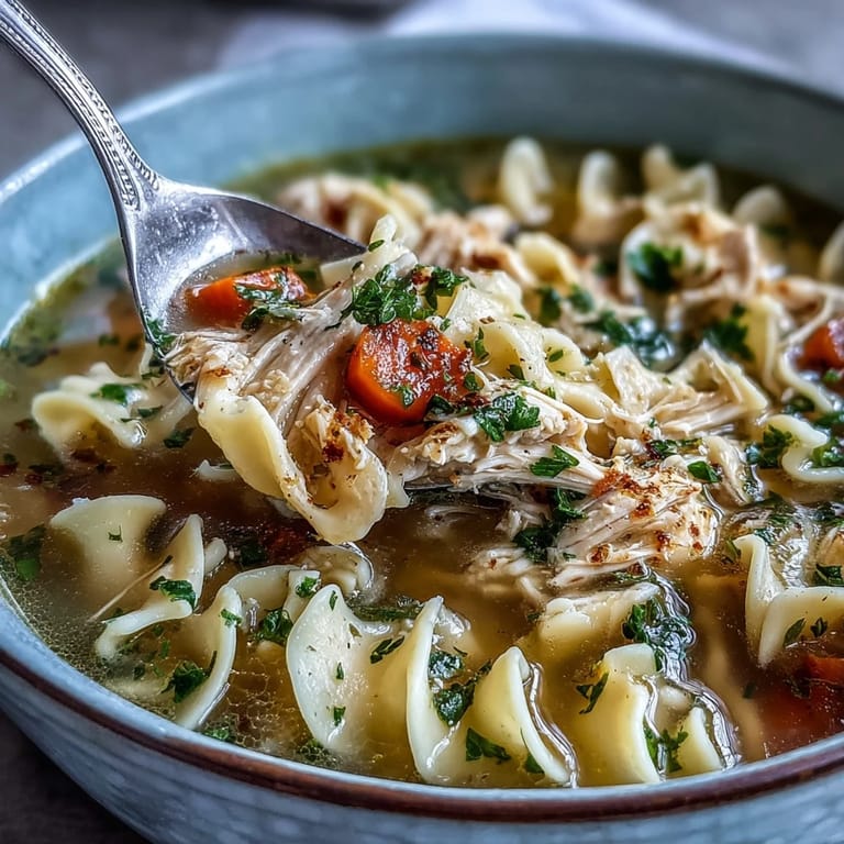 Steaming pot of homemade chicken and noodle soup with wide egg noodles, celery, and carrots in a savory broth.