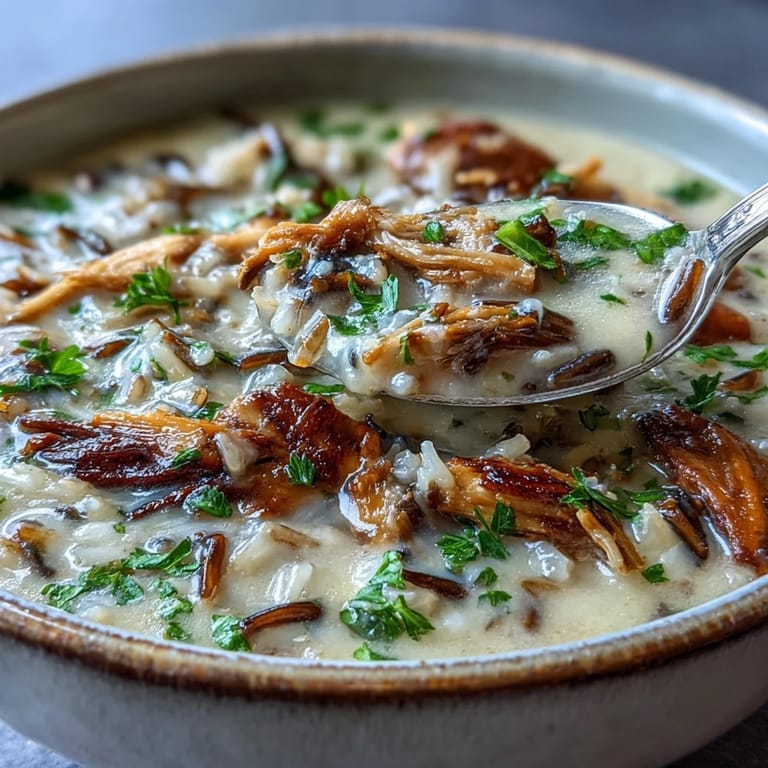 A ladle pours rich Parmesan Mushroom Chicken and Wild Rice Soup into a rustic bowl.