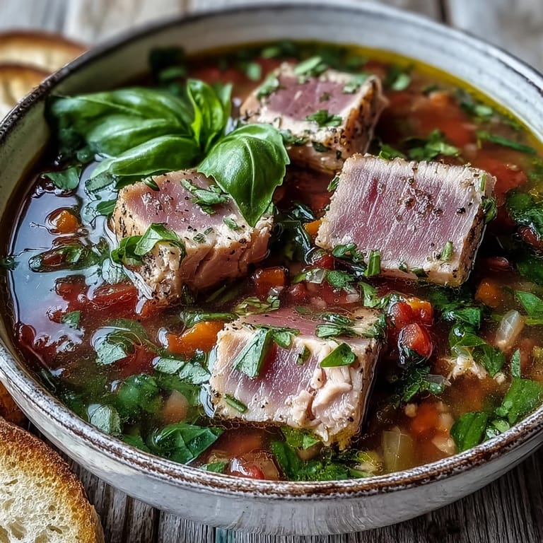 Italian-inspired Tuna and Tomato Soup in a rustic bowl, featuring diced carrots and celery for a satisfying, savory meal.
