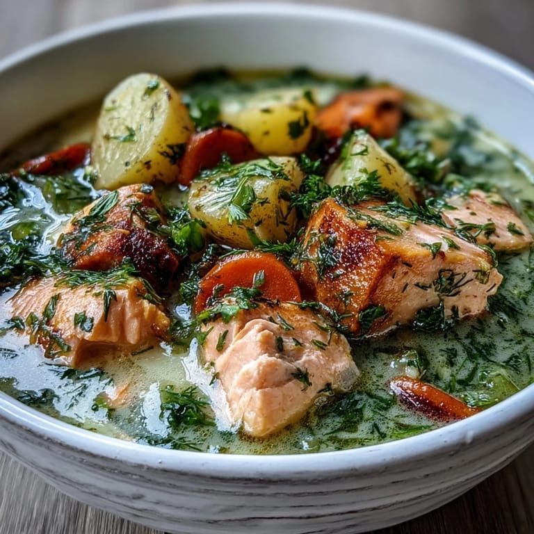 A hearty bowl of Finnish Salmon Soup garnished with dill, paired with crunchy rye bread for a Nordic dinner.