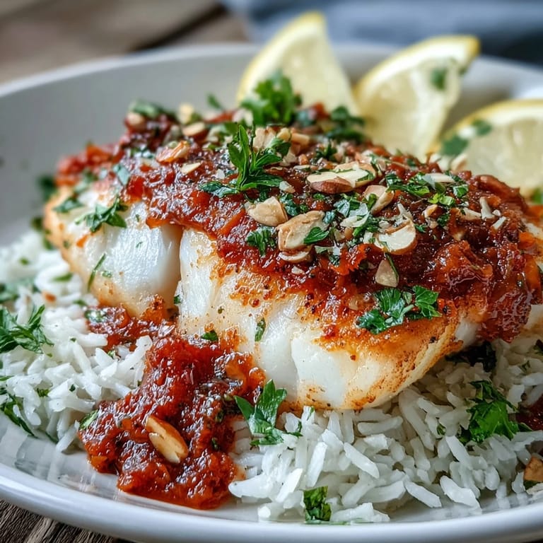 Savory tomato-roasted cod served over fluffy ginger rice, topped with golden, cumin-toasted almonds and fresh parsley.