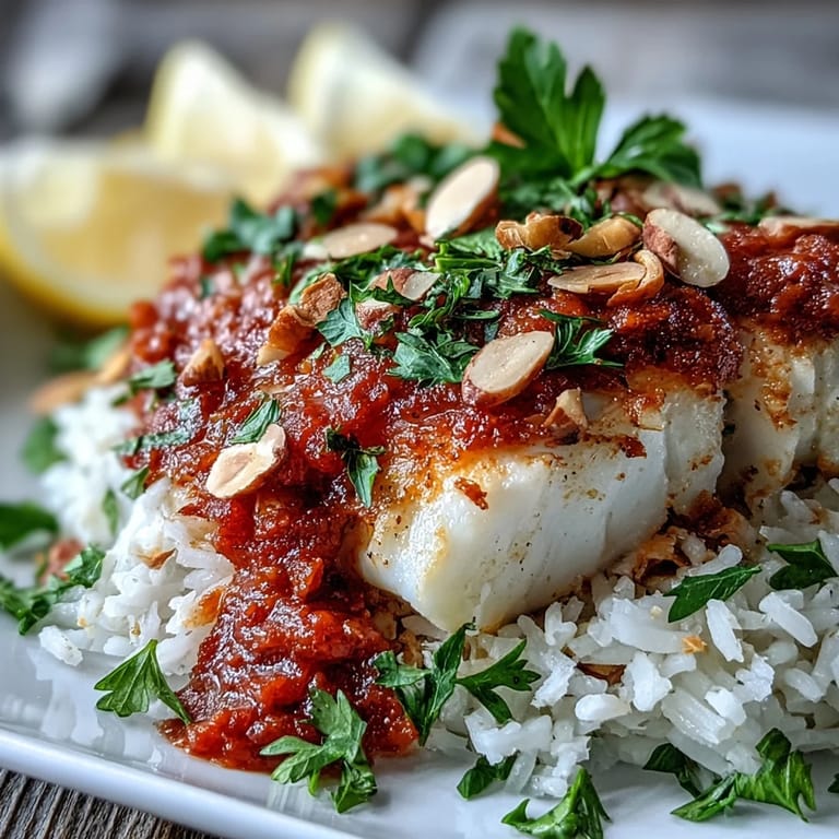 Crisp spiced almonds crown tomato-roasted cod in a zesty sauce, plated over fragrant ginger rice with lemon.