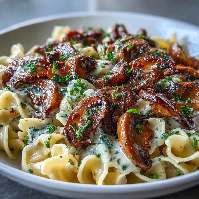 A close-up of rich Creamy Mushroom Stroganoff, featuring sautéed cremini mushrooms and a luscious, tangy miso sauce.
