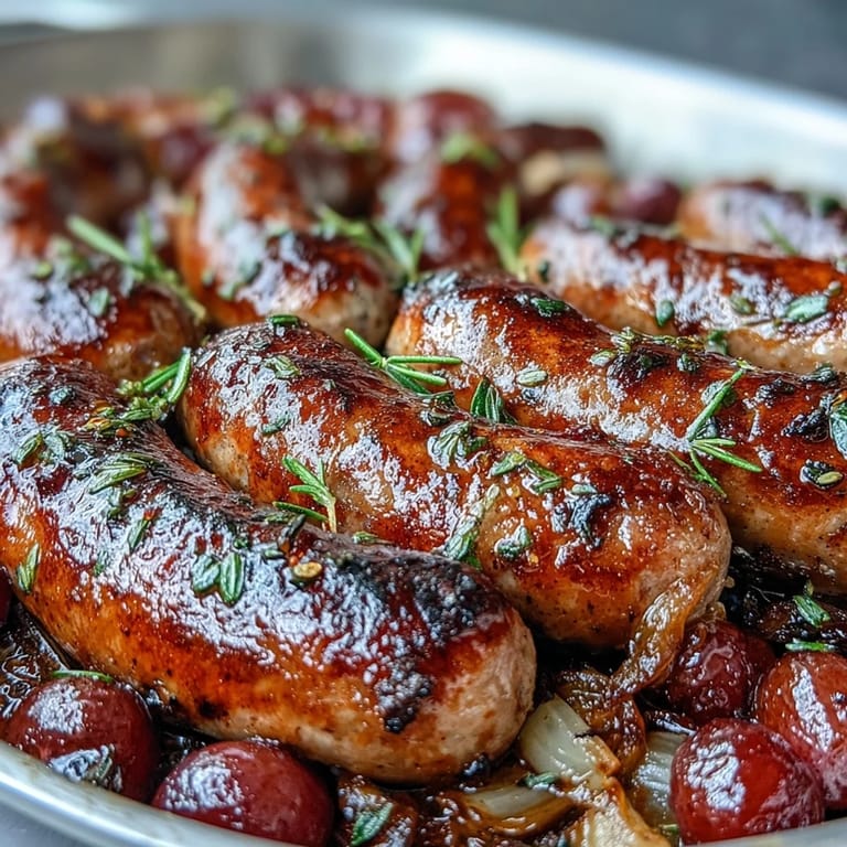 Tender roasted sausage and grapes paired with red onion wedges, perfect for scooping onto crusty bread to soak up the juices.