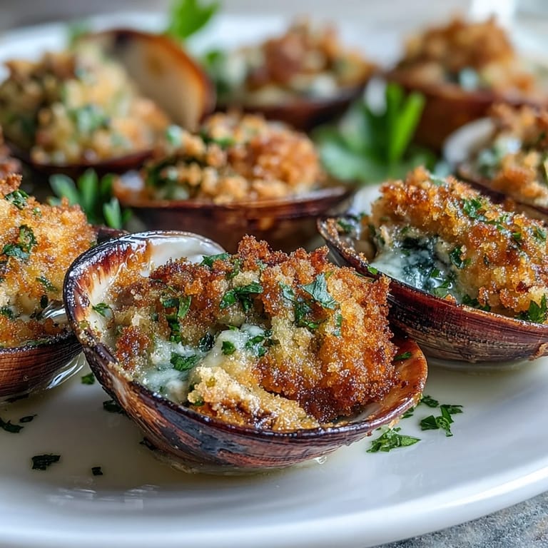 Sizzling roasted clams topped with buttery lemon-parsley panko crumbs, served hot with lemon wedges on the side.