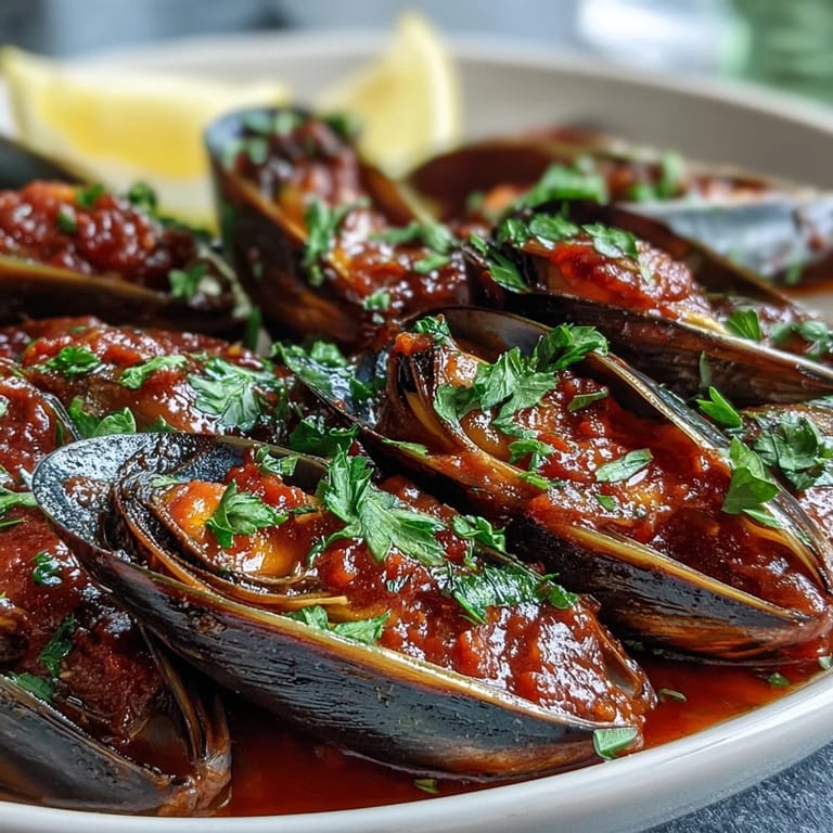 Tender fresh mussels steamed open in a garlicky smoked paprika tomato broth, perfect with crusty bread for dipping.