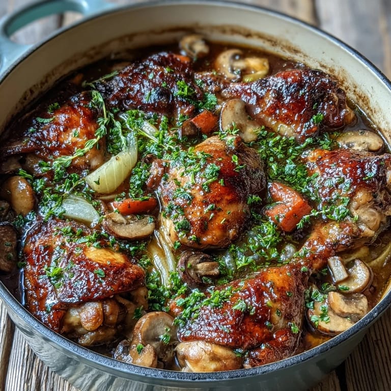 Creamy Coq au Vin Rosé in a white dish, garnished with fresh parsley.