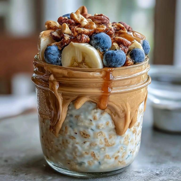 A satisfying High-Protein Peanut Butter Overnight Oats breakfast, perfect for busy mornings and grab-and-go cups.