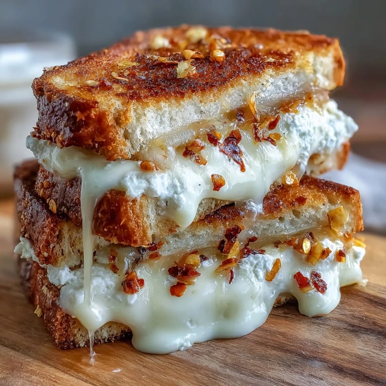 Freshly toasted Goat Cheese Grilled Cheese with Honey & Chili Flakes cut in half on a rustic board.
