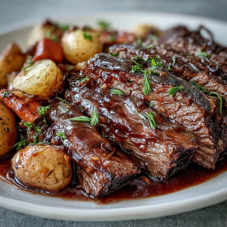 Golden-seared Beef Pot Roast surrounded by celery, potatoes, and rosemary sprigs in a Dutch oven.