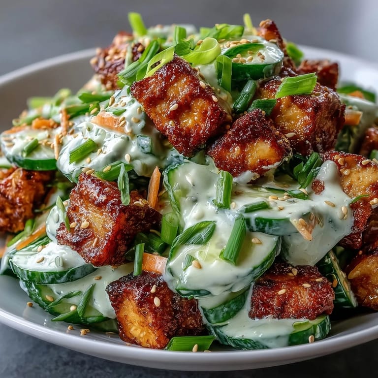 Golden crispy tofu cubes and crunchy cucumbers in a creamy ginger-sesame Asian salad.