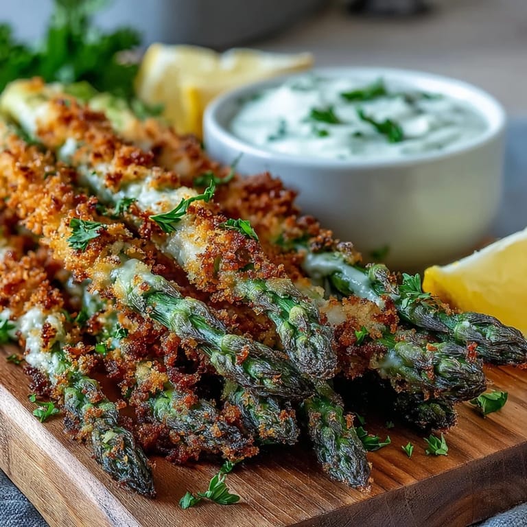 Platter of Crispy Asparagus Asiago Spears garnished with parsley, ready for dipping into creamy aioli or a tangy lemon yogurt sauce.