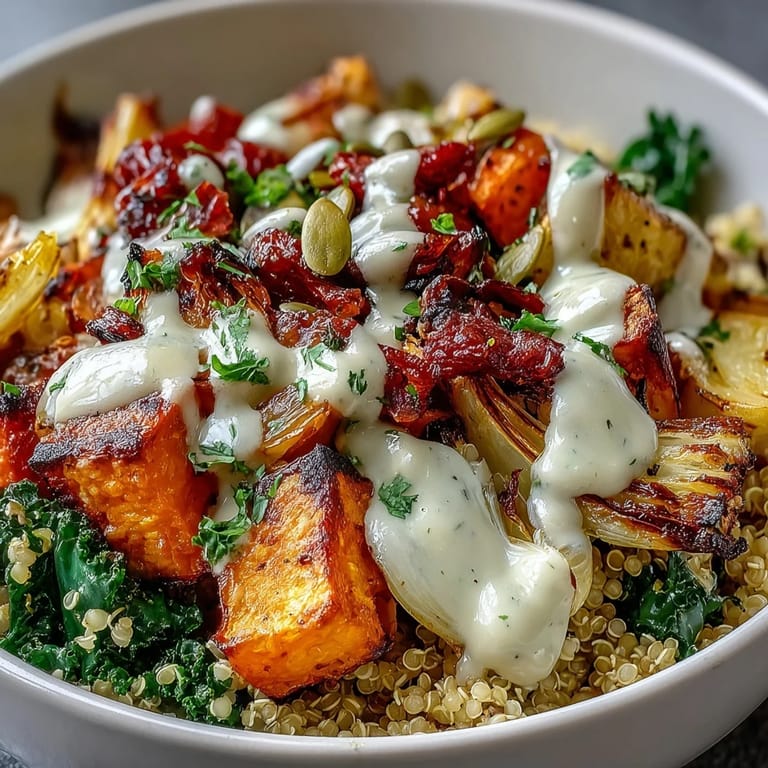 Steaming Hearty Winter Grain Bowl topped with colorful roasted vegetables and crunchy pumpkin seeds
